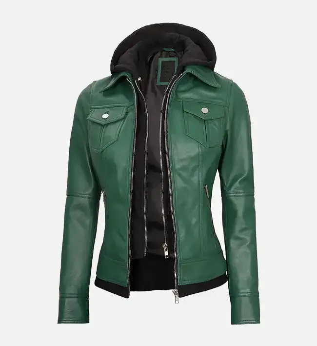 Women's Green Leather Jacket With Hood