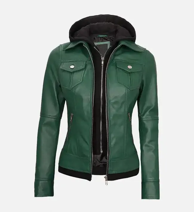 Women's Green Leather Jacket With Hood