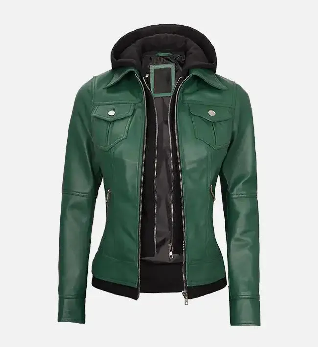 Women's Green Leather Jacket With Hood