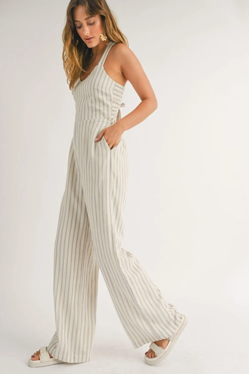 Women's Sailor Wide Leg Jumpsuit | Cotton Fabric | Baby Blue Stripes