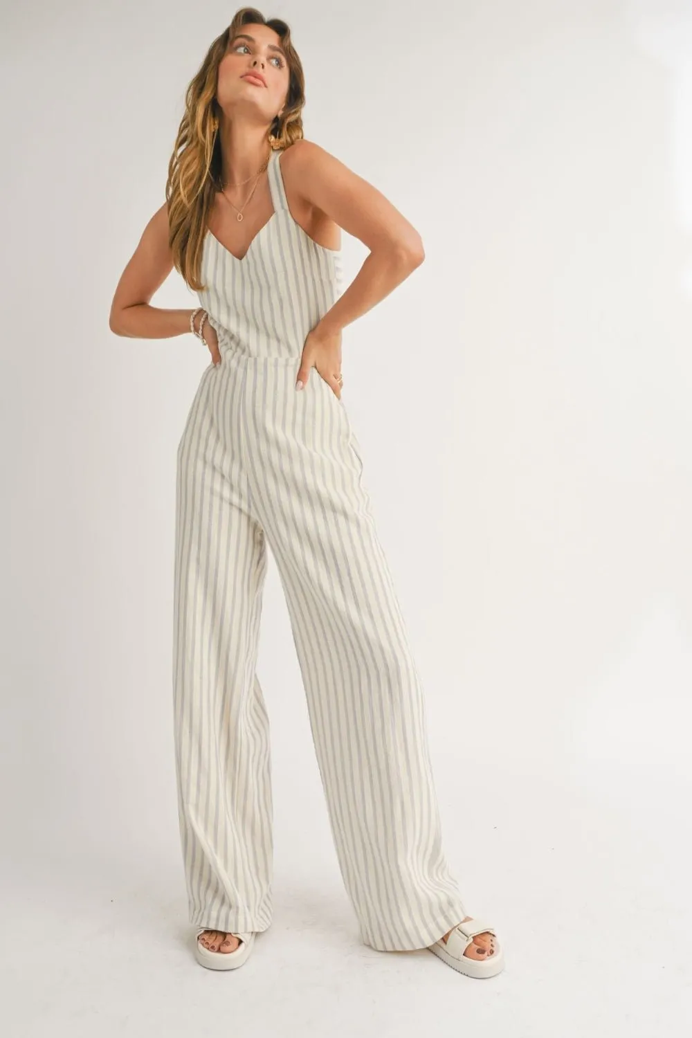 Women's Sailor Wide Leg Jumpsuit | Cotton Fabric | Baby Blue Stripes